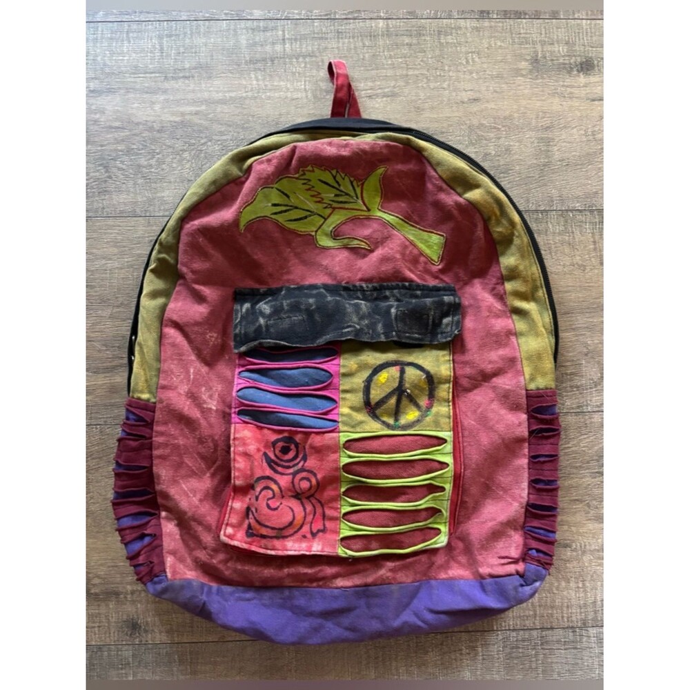 Nepalese bohemian hippie patchwork pocket size S/M backpack purse peace sign